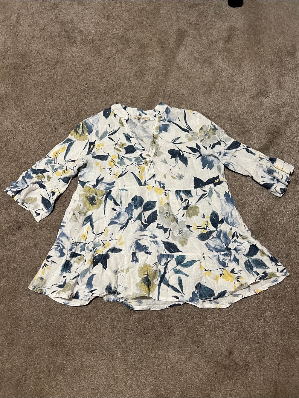 Valentina Naldi 100% Linen Tiered Floral Blouse Peplum Hem Size L